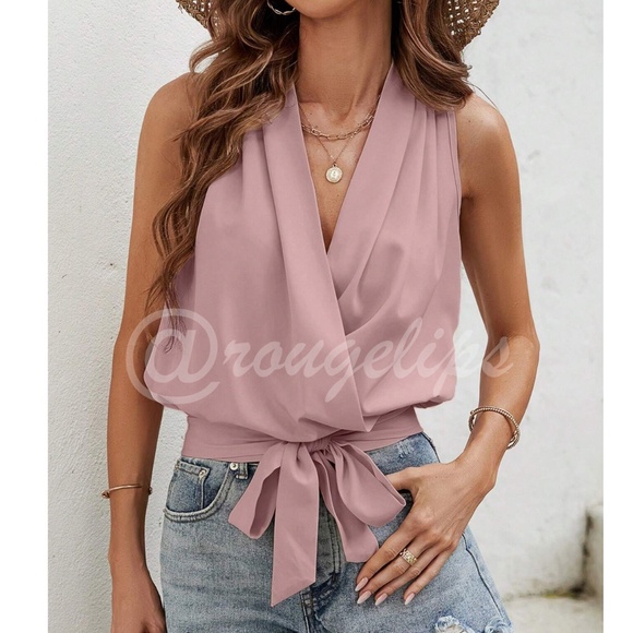 Pink V-Neck Surplice Tie Waist Top - Picture 1 of 8